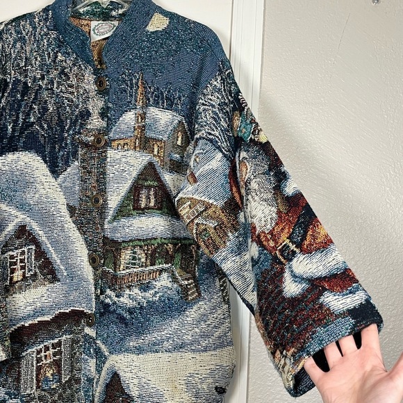 Christmas Tapestry Cardigan Jacket Vintage Santa Sugar Street Weavers Button Up - Picture 7 of 11